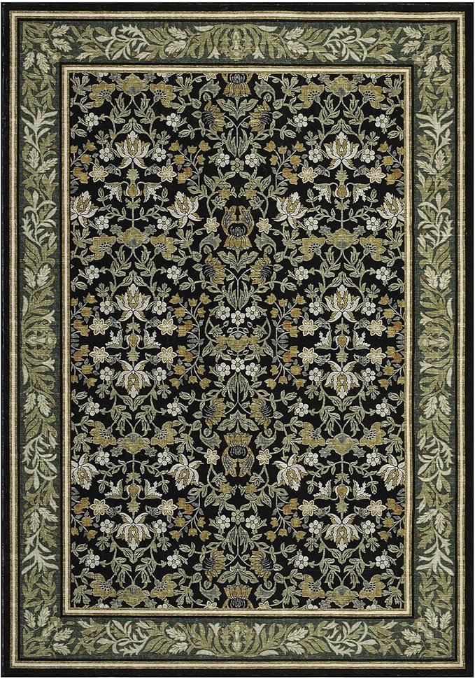 GarveeHome 8x10 Washable Area Rugs for Living Room, Boho Vintage Large Rug for Bedroom Soft Non Slip Low Pile Indoor Stain Resistance Throw Carpet for Dining Room Office Green Black
