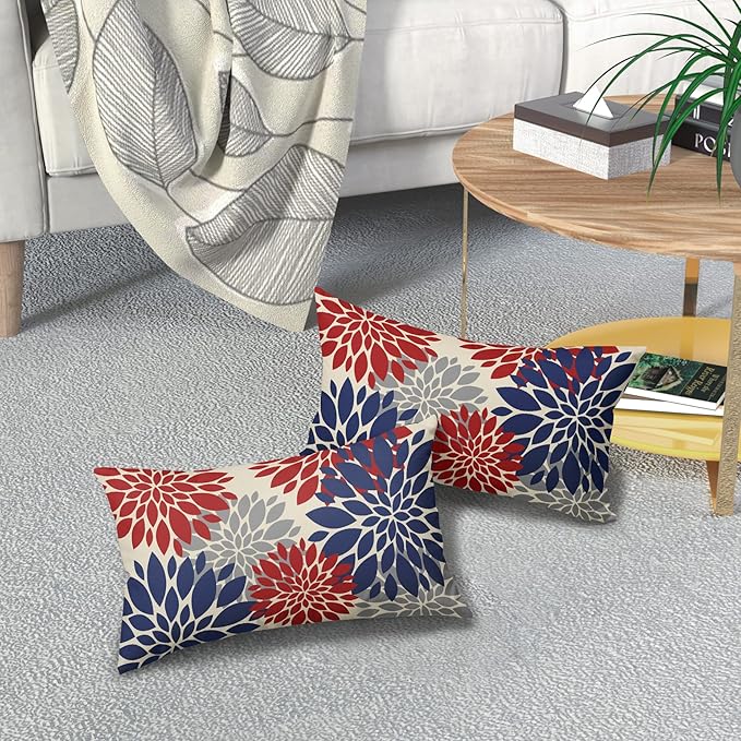 4th of July Pillow Covers 12X20 Inch Set of 2, Patriotic Blue Red Grey Dahlia Floral Print Holiday Decorative Rectangle Throw Pillow Covers Outdoor Farmhouse Cushion Case for Couch Sofa Bed Decor