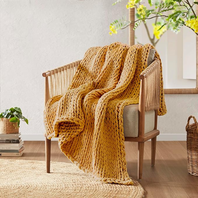 Madison Park Boho Throw Blanket, Soft Blanket Handmade Gift Home Decor, Lightweight & Breathable All Seasons Spring Chunky Knit Blanket, Knitted Throw for Couch, Bed Blanket, 50"x60" Yellow