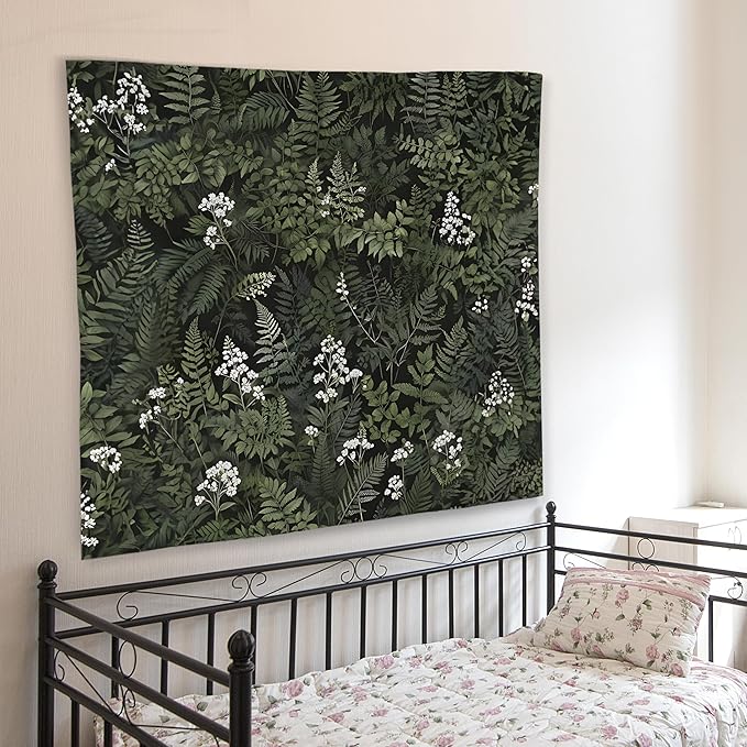 WNAGT Deep Green Floral Botanical Tapestry Wall Hanging, Cottage Core Decor, Vintage Fern Leaf Plant Flower Wall Blanket Decor for Home Bedroom Living Room, 50x60 Inch