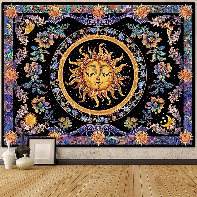Accnicc Sun and Moon Tapestry Psychedelic Floral Plant Tapestries for Bedroom Aesthetic Hippie Boho Flower Tapestry Wall Hanging for Dorm Living Room (60'' × 44'')