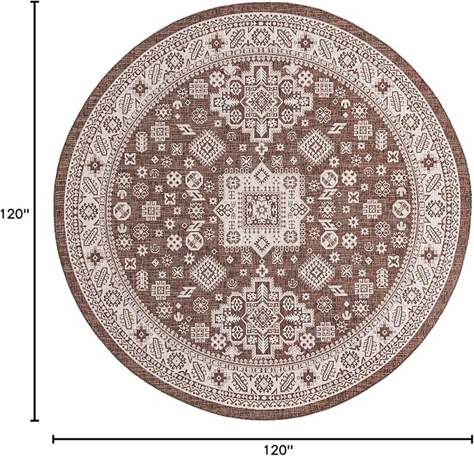Rugs.com Outdoor Aztec Collection Rug – 10 Ft Round Brown Flatweave Rug Perfect for Kitchens, Dining Rooms