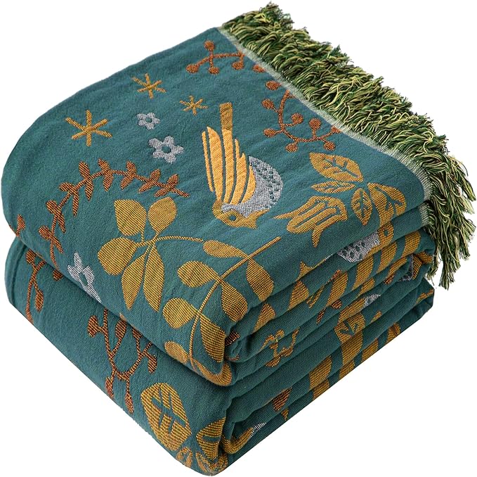Boho Throw Blanket Throw Size, Soft Cozy Cotton Muslin Quilt Blanket for Bed Decor, Bird Patterned Couch Sofa Chair Cover, Vintage Farmhouse Cottage Tapestry Woven Blanket, Green&Beige
