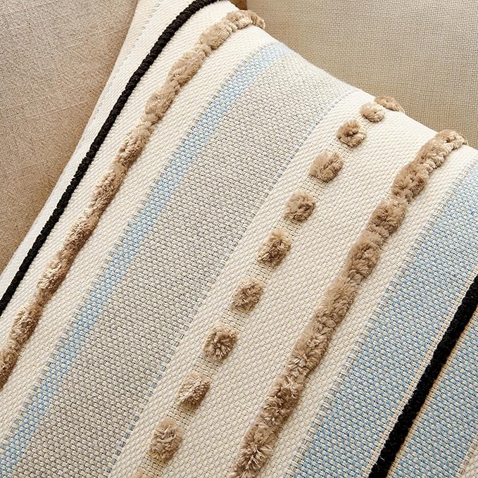ANRODUO Pack of 1 Boho Decorative Throw Pillow Covers 18x18 Farmhouse Cushion Case Striped Chenille Pillow Cases Square Pillow Covers Accent Neutral Pillowcase for Sofa Couch Bed, Light Blue Stripe
