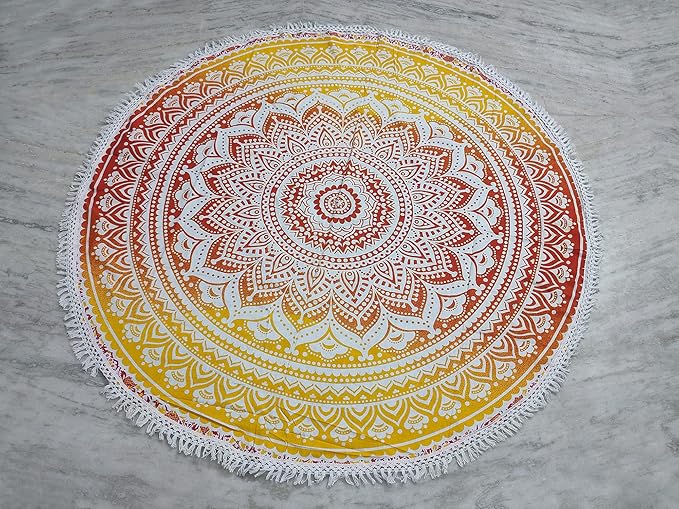 Round Beach Tapestry Turquoise Mandala Throw/Boho Hippie Beach Blanket Roundie/Indian Cotton Bohemian Large Round Table Cloth-Home Decor/Yoga Mat Meditation Picnic Rug (42", Yellow-Orange)