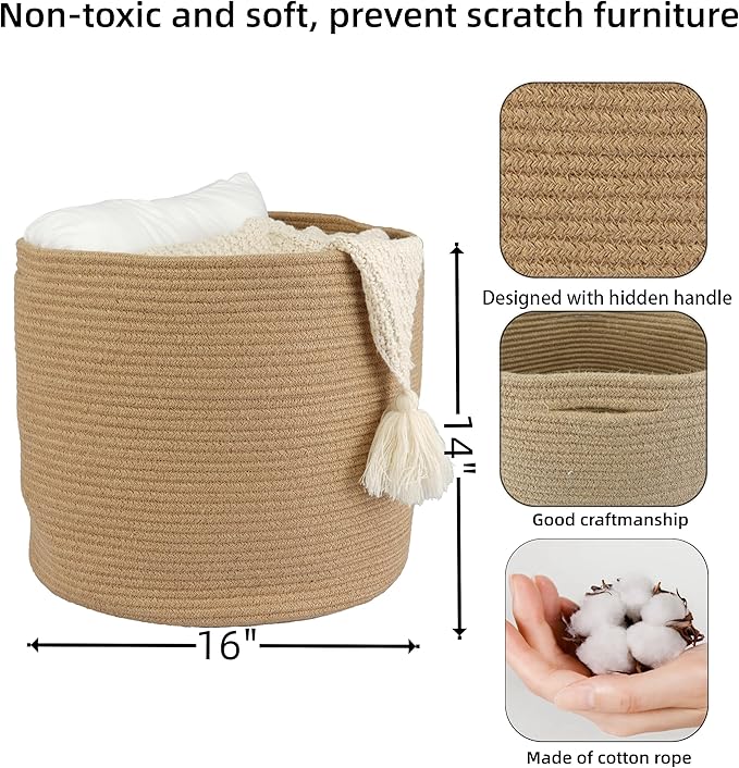 Jute Rope Basket For Girls Boys Kids 16”X14” Baby Laundry Baskets Nursery Bin Round Woven Basket Organizer For Storage Toys Blankets Shoes Clothes