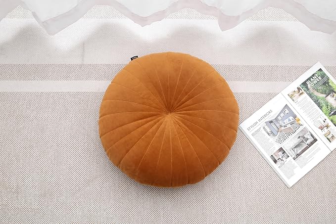 Floor Pillow Meditation Cushion Round Large Floor Pillows Seating for Adults, Velvet Thick Floor Cushions for Yoga Living Room Balcony Outdoor Tatami 18inches（Caramel）