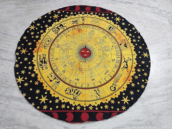 Round Beach Tapestry Turquoise Mandala Throw/Boho Hippie Beach Blanket Roundie/Indian Cotton Bohemian Large Round Table Cloth-Home Decor/Yoga Mat Meditation Picnic Rug (42", Yellow Black)