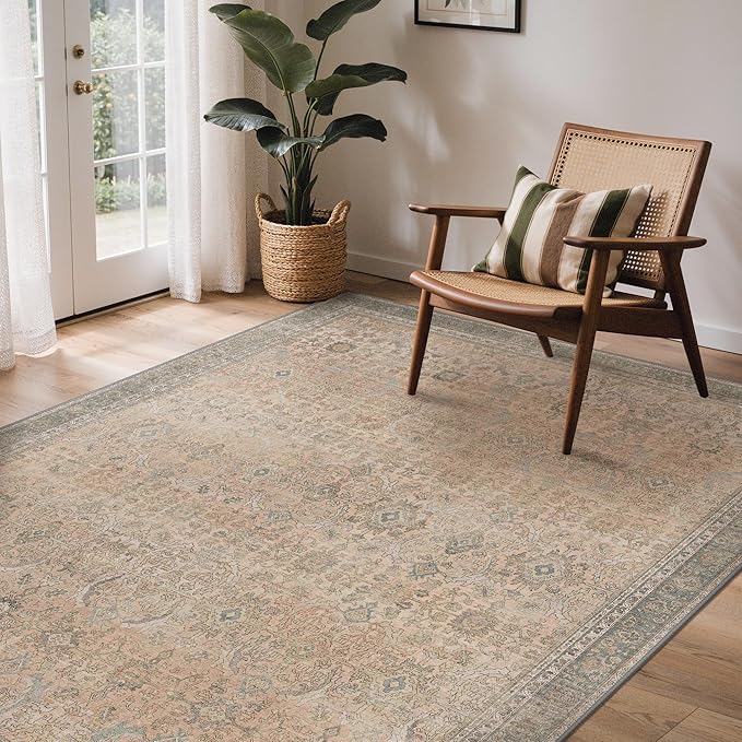 GENIMO 9x12 Area Rugs for Living Room, Machine Washable Non Slip Vintage Rugs, Low Pile Lightweight Chenille Print Rug for Bedroom, Dining Room, Home Office, Oatmeal Beige