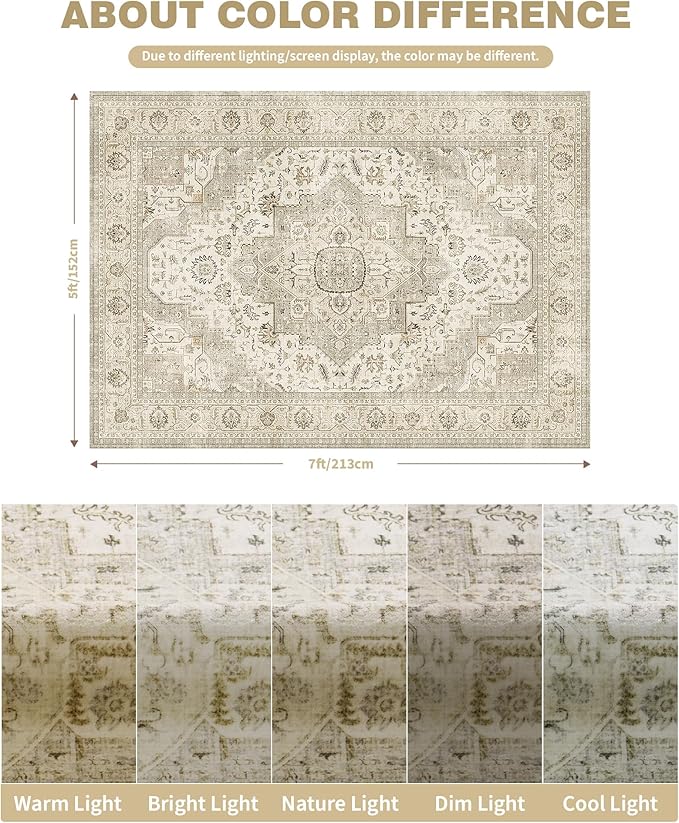 Washable Area Rugs 5x7, Ultra-Thin Rugs for Living Room, Bedroom, Dining Room, Stain Resistant Anti Slip Backing Area Rug, Super-Soft Floral Vintage Home Decor Rug (Ivory/Beige, 5'x7')