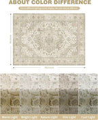 Washable Area Rugs 5x7, Ultra-Thin Rugs for Living Room, Bedroom, Dining Room, Stain Resistant Anti Slip Backing Area Rug, Super-Soft Floral Vintage Home Decor Rug (Ivory/Beige, 5'x7')