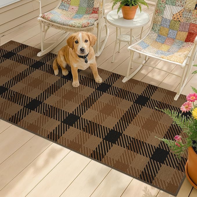 2x6 Runner Rug for Entrance Indoor - Brown Checkered Outdoor Runner Rug for Porch, Patio, Balcony, Non Slip Hallway Carpet 6ft, Washable Kitchen Mat - Easy Jute Earthy Tan Rustic Accent Décor