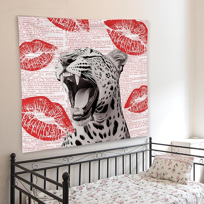 WNAGT Retro Trendy Leopard Tapestry Wall Hanging, Cheetah Leopard Room Decor, Vintage Funky Cheetah Print Lips Wall Blanket Decor for Girls Bedroom Dorm Apartment Home, 50x60 Inch(Red)