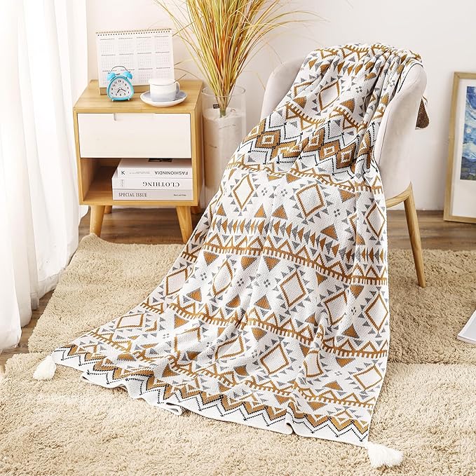 Knitted Queen Size Throw Blanket - Lightweight Breathable Summer Soft Blanket of Polyester Imitation Cotton for Anti-Static,Luxury Throws for Bed, Couch and Sofa,Yellow Tassel Pattern
