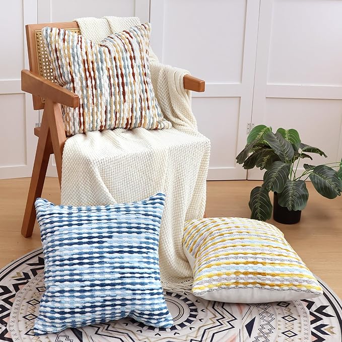 Boho Decorative Throw Pillow Covers 18x18 Inch, Chenille Tufted Pillow Cover Stripe Textured Square Farmhouse Accent Pillowcase for Couch Sofa Bedroom Living Room, Red White Khaki Grey 2 Pack