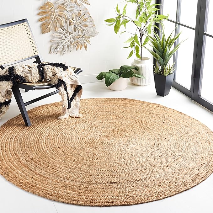 SAFAVIEH Area Rug 7' Round - Cape Cod Collection- Natural Brown, Handmade Braided Flat Weave Jute (CAP252A)