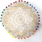 CRAFT KALA 24" Round Large Hippie Mandala Meditation Floor Ottoman Pillow Cushion Pouf Cover Square Poufs Bohemian Circle Floor Cushion Case Outdoor Fireplace Living Room Decor Cover White Gold Flower
