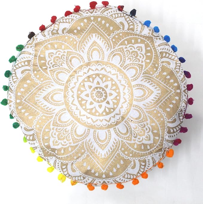 CRAFT KALA 24" Round Large Hippie Mandala Meditation Floor Ottoman Pillow Cushion Pouf Cover Square Poufs Bohemian Circle Floor Cushion Case Outdoor Fireplace Living Room Decor Cover White Gold Flower