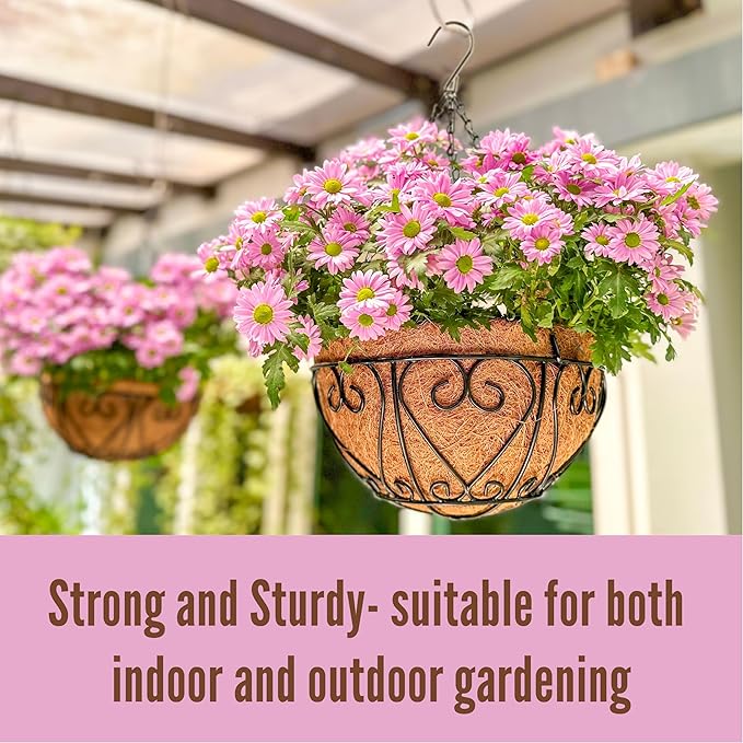 LaLaGreen Hanging Baskets for Plants (12 Inch, 6 Pack) Hanging Flower Pots with Coco Liner, Black Metal Wire Round Basket Plant Holder with Hanger Hook Chain, Outdoor Patio Deck Balcony Garden Decor
