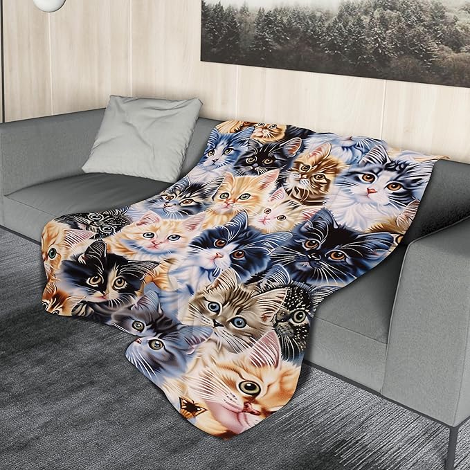 Cute Cat Blanket Soft Flannel Lightweight Kitten Cats Animals Pet Print Throw Blanket Cozy Warm Blankets All Seasons Living Room Decor for Kids Adults Cat Lovers Use On Sofa Bed Office 60x80 inch