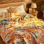 Boho Blanket Soft Muslin Boho Throw Blanket 100% Cotton Blanket All Seasons Reversible Rustic Floral Printed Vintage Rustic Farmhouse Decor Throw for Sofa Couch Chair (Yellow, 80"x90")