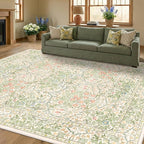 Beige Green 6x9 Washable Area Rugs for Dining Room, Nursery, Bedroom, Living Room, Kids Playroom, Ultra Soft Low Pile Non-Slip - Vintage Light Green Floral Indoor Carpet Stain Resistance
