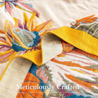 Boho Throw Blanket Throw Size, Soft Cozy Cotton Muslin Quilt Blanket for Bed Decor, Floral Patterned Couch Sofa Chair Cover, Vintage Farmhouse Cottage Tapestry Woven Blanket, Yellow&Blue