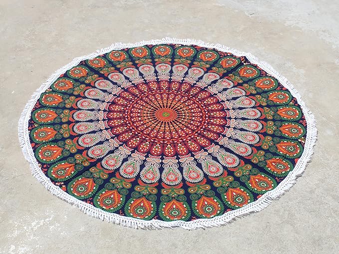 Round Beach Tapestry Turquoise Mandala Throw/Boho Hippie Beach Blanket Roundie/Indian Cotton Bohemian Large Round Table Cloth-Home Decor/Yoga Mat Meditation Picnic Rug (42", Orange and Green)