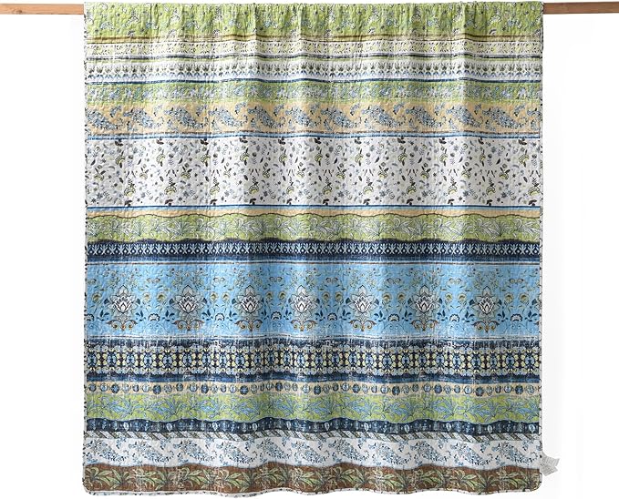 HORIMOTE HOME Boho Style Queen Quilt Set Green Bohemian Floral Strip Quilt Beddding Set, Soft and Lightweight Bedspread for All Season, Full Size Bed Coverlet with 2 Matching Pillow Shams (3 Pieces)
