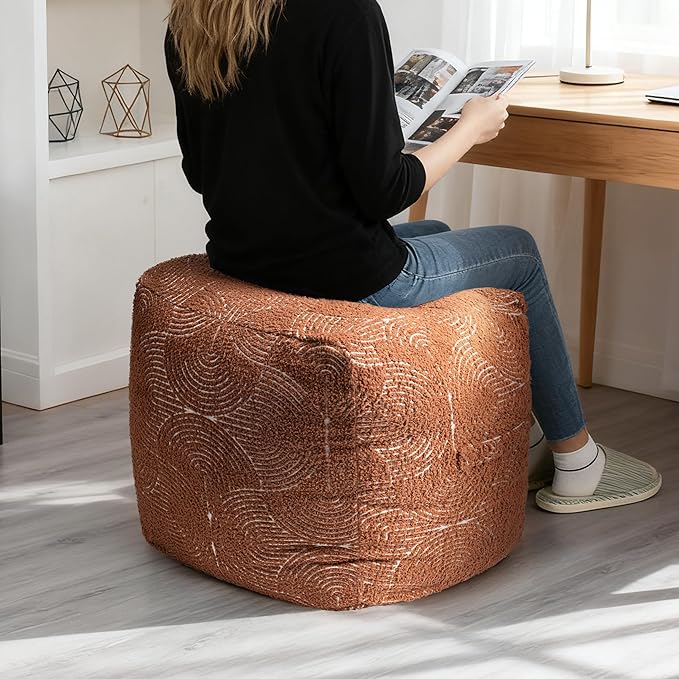 AELS Unstuffed Boho Textured Pouf Cover, Organic Modern Mid Century Rainbow Tufted Storage Bean Bag Cubes, Farmhouse Square Ottoman Pouf Foot Rest Footstool, 18"x18"x18", Cover ONLY, Burnt Orange