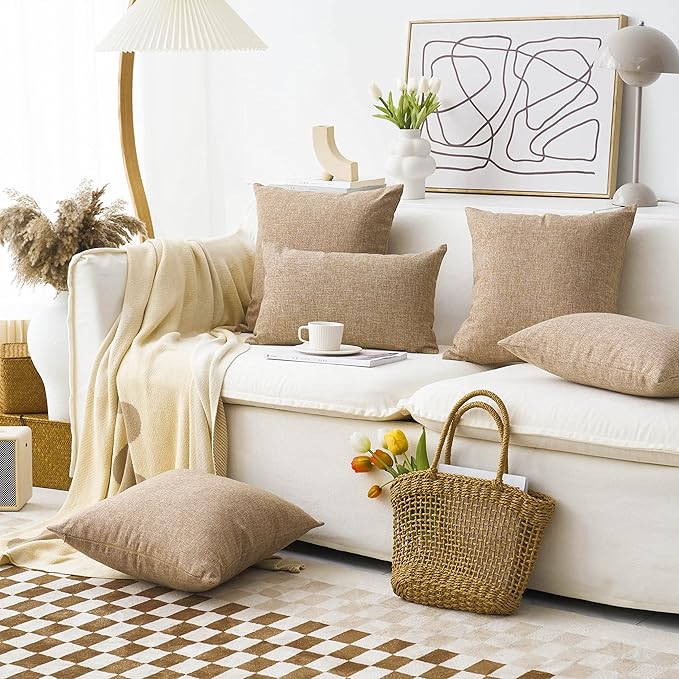 Home Brilliant Burlap Pillow Covers Set of 4 Lined Linen Square Throw Pillow Case Cushion Covers for Sofa Couch Bench Living Room Holiday Decor, 18x18 inch, Natural Linen, Set of 4