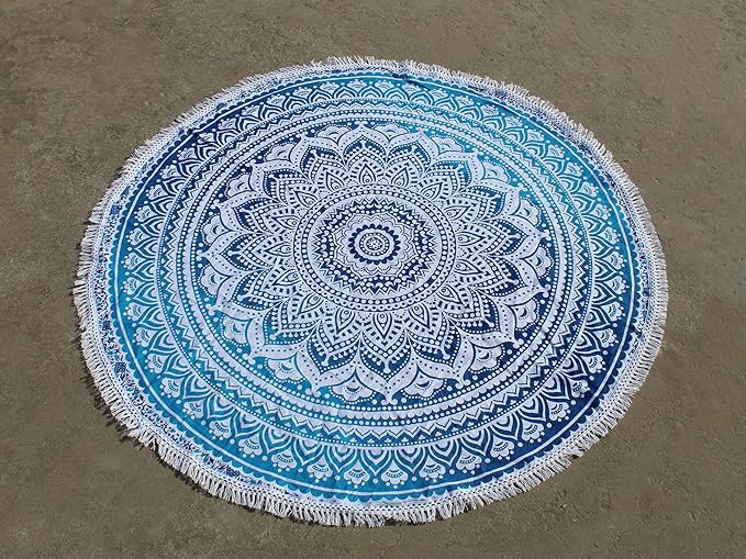 Round Beach Tapestry Turquoise Mandala Throw/Boho Hippie Beach Blanket Roundie/Indian Cotton Bohemian Large Round Table Cloth-Home Decor/Yoga Mat Meditation Picnic Rug (42", Blue and White)