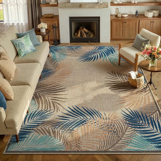 LIVEBOX Modern Easy Jute Outdoor Rug 8x10, Washable Rugs for Living Room Indoor Outdoor Non Slip Large Patio Tropical Leaf Farmhouse Area Rugs, Carpet for Backyard Office Decor(Olive 8'x10')
