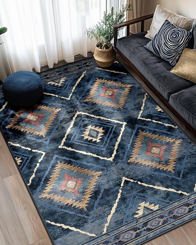 Area Rug 4x6 Rug Machine Washable Non-Slip Low Pile Print Pattern Western Rug for Living Room Bedroom Entryway Tribal Series -Darkblue