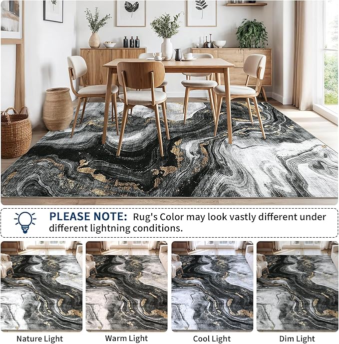 GarveeHome Large 8x10 Washable Rugs for Living Room Abstract Rug Swirl Marble Patterned Carpet, Low-Pile Non Slip Easy Cleaning Rug Neutral Modern Carpet for Bedroom Dining Room Farmhouse Office,Black