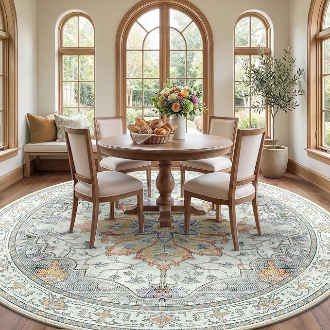 Area Rugs 8ft Washable Non-Slip, Floral Vintage Distress Print Pattern Medallion Carpet for Living Room Bedroom Dining Room, Light Yellow Carbon Grey Orange