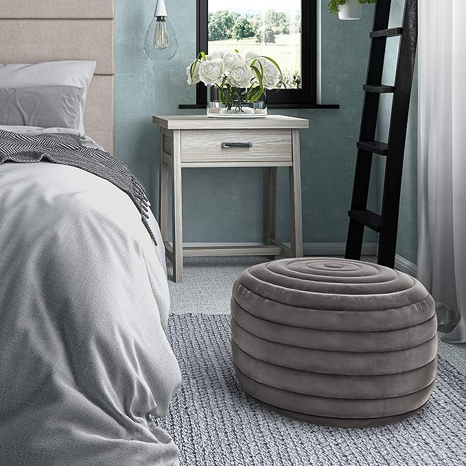 SIMPLIHOME Vivienne Boho Round Pouf in Grey Velvet Fabric for the Living Room, Bedroom and Kids Room
