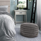SIMPLIHOME Vivienne Boho Round Pouf in Grey Velvet Fabric for the Living Room, Bedroom and Kids Room