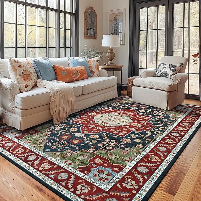 YJ.GWL Area Rugs for Living Room 5x7 Machine Washable Rugs, Non Slip Floral Vintage Rug Indoor Carpet, Stain Resistant Large Rug for Bedroom Dining Room, Red Green