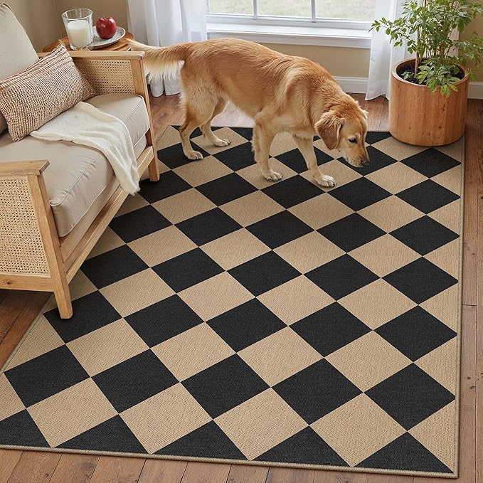 3x5 Checkered Easy Jute Outdoor Patio Rug Washable Area Rugs for Living Room Entryway Diamond Indoor Outdoor Mat Farmhouse Neutral Non Slip Black Door Carpet for Backyard Bedroom