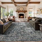 9x12 Area Rugs for Living Room Bedroom, Large Washable Rug, Blue Vintage Retro Boho Rug, Non Slip & Low Pile Faux Wool Thin Carpet for Indoor Dining Room and Kids Room(Blue 9x12ft)