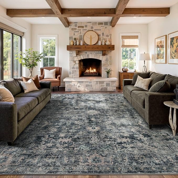 9x12 Area Rugs for Living Room Bedroom, Large Washable Rug, Blue Vintage Retro Boho Rug, Non Slip & Low Pile Faux Wool Thin Carpet for Indoor Dining Room and Kids Room(Blue 9x12ft)
