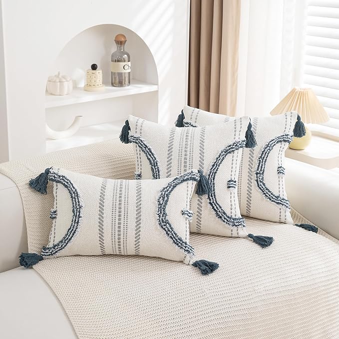 Boho Throw Pillow Covers 18x18 Set of 2 Cotton Woven Tufted Farmhouse Pillows Covers with Tassels Outdoor Neutral Navy Decorative Pillowcases Square Textured Accent Cushion Cases for Couch Bed Sofa