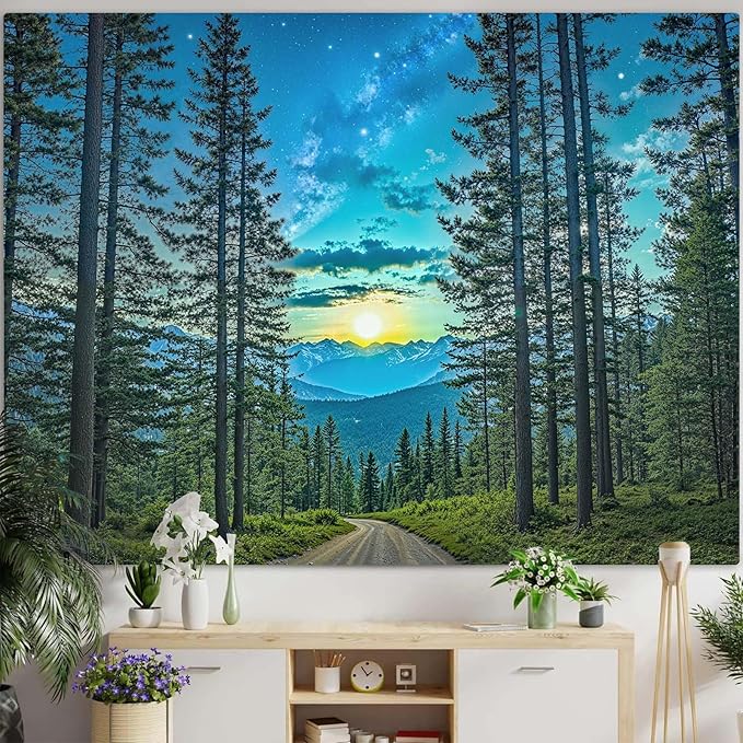 Accnicc Forest Road Tapestry Green Nature Pine Tree Wall Tapestry for Bedroom Aesthetic Starry Mountain Outdoor Landscape Small Tapestries Wall Hanging for Dorm Living Room Decor 48 x 36 Inch