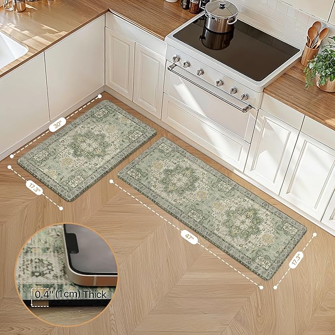 GENIMO Kitchen Mats for Floor 2PCs, Washable Anti Fatigue Mat for Cushioned, 17.3"x47"+17.3"x30", Waterproof Kitchen Rugs, Non Slip Comfort Standing Mat Rug for Home, Sink, Laundry, Light Green
