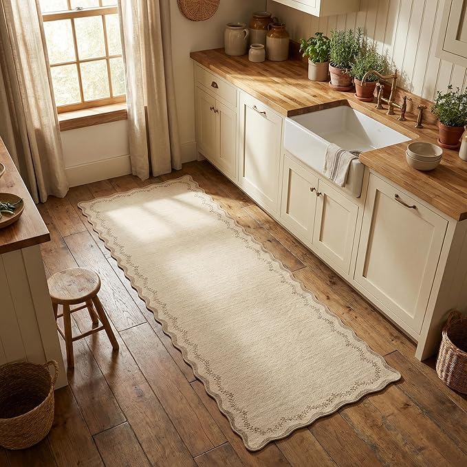 GarveeHome 2.5x8 Scalloped Washable Runner Rug for Kitchen, Soft Jute Long Hallway Runner Non Slip Entryway Rug Farmhouse Thin Laundry Mat Stain Resistant Carpet for Bathroom Beside Rug