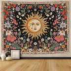 Accnicc Sun and Moon Tapestry Boho Vintage Floral Wall Tapestry for Bedroom Aesthetic Hippie Celestial Botanical Colorful Plant Small Tapestries Wall Hanging for Living Room Dorm 48 x 36 Inch