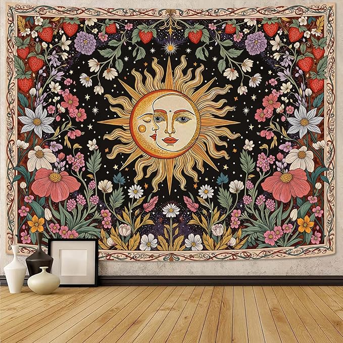 Accnicc Sun and Moon Tapestry Boho Vintage Floral Wall Tapestry for Bedroom Aesthetic Hippie Celestial Botanical Colorful Plant Large Tapestries Wall Hanging for Living Room Dorm 80 x 60 Inch