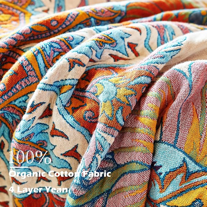 Boho Throw Blanket, 100% Organic Cotton Breathable Skin-Friendly Ultra Soft Bed Quilt Throw - All Season Floral Bird Farmhouse Décor Luxury Blanket for Sofa Couch Chair and Gift. 50" x 60"