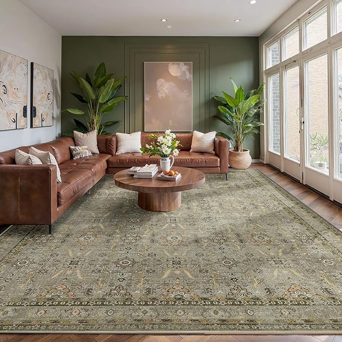 9x12 Area Rugs for Living Room Bedroom, Large Washable Rug, Vintage Floral Boho Rug, Non Slip & Low Pile Faux Wool Thin Carpet for Indoor Dining Room and Kids Room(Olive Brown 9x12ft)